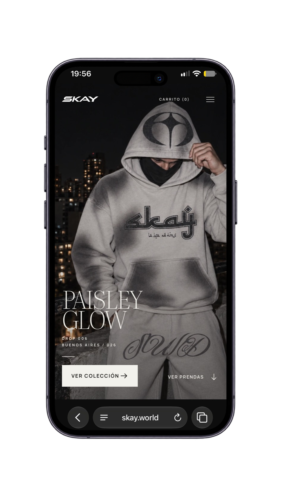 SKAY mobile storefront in an iPhone, featuring the Paisley Glow collection.