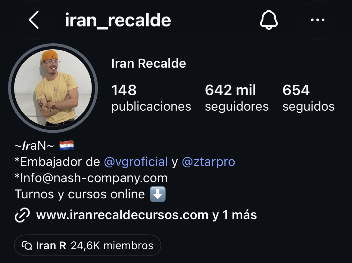 Iran Recalde's Instagram profile, identifying him as a ZTAR ambassador and showing 642 thousand followers.