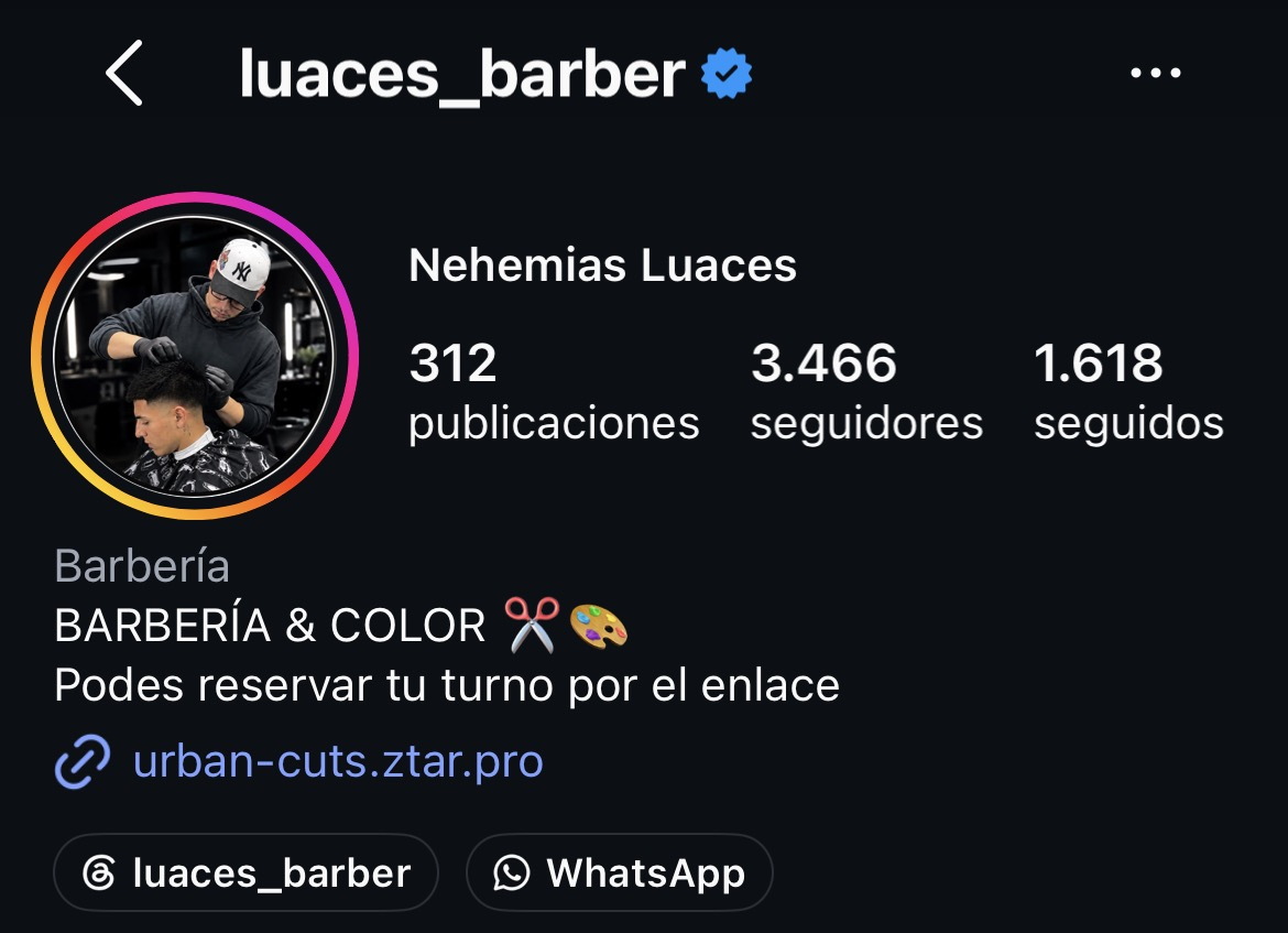 Luaces Barber's Instagram profile displaying an urban-cuts.ztar.pro booking link.