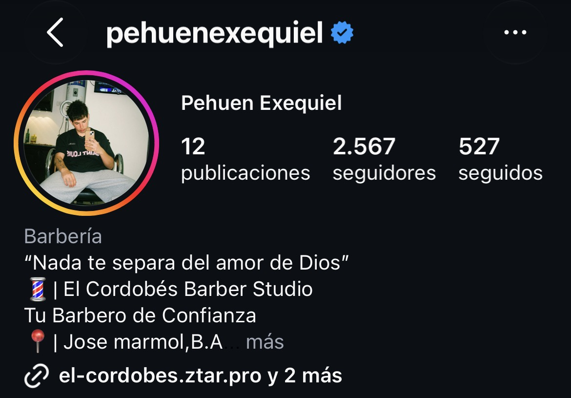 Pehuen Exequiel's Instagram profile displaying an el-cordobes.ztar.pro link.