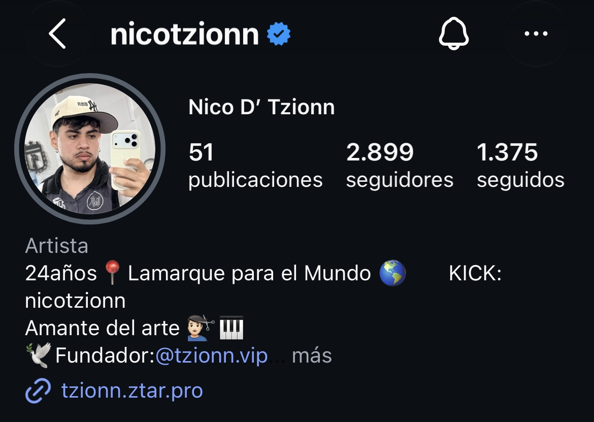 Nico D' Tzionn's Instagram profile displaying a tzionn.ztar.pro link.