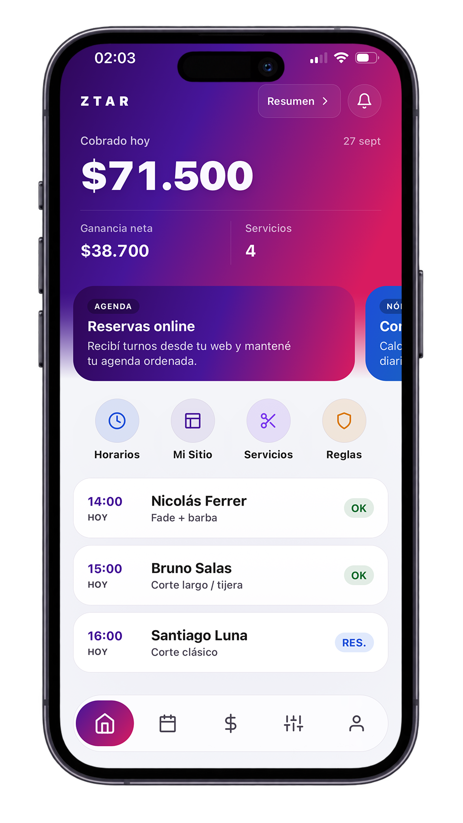 ZTAR native mobile app showing today's earnings and upcoming appointments in an iPhone.