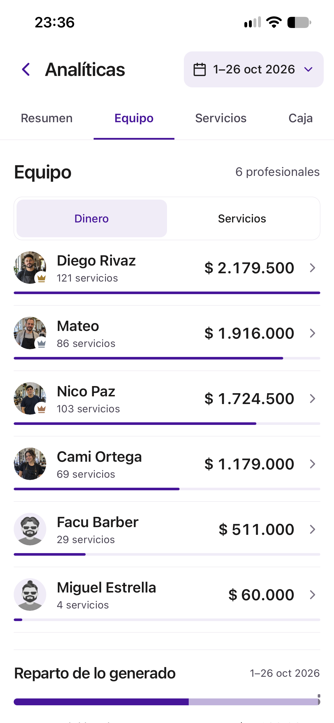 ZTAR mobile team analytics comparing services and revenue across six professionals.