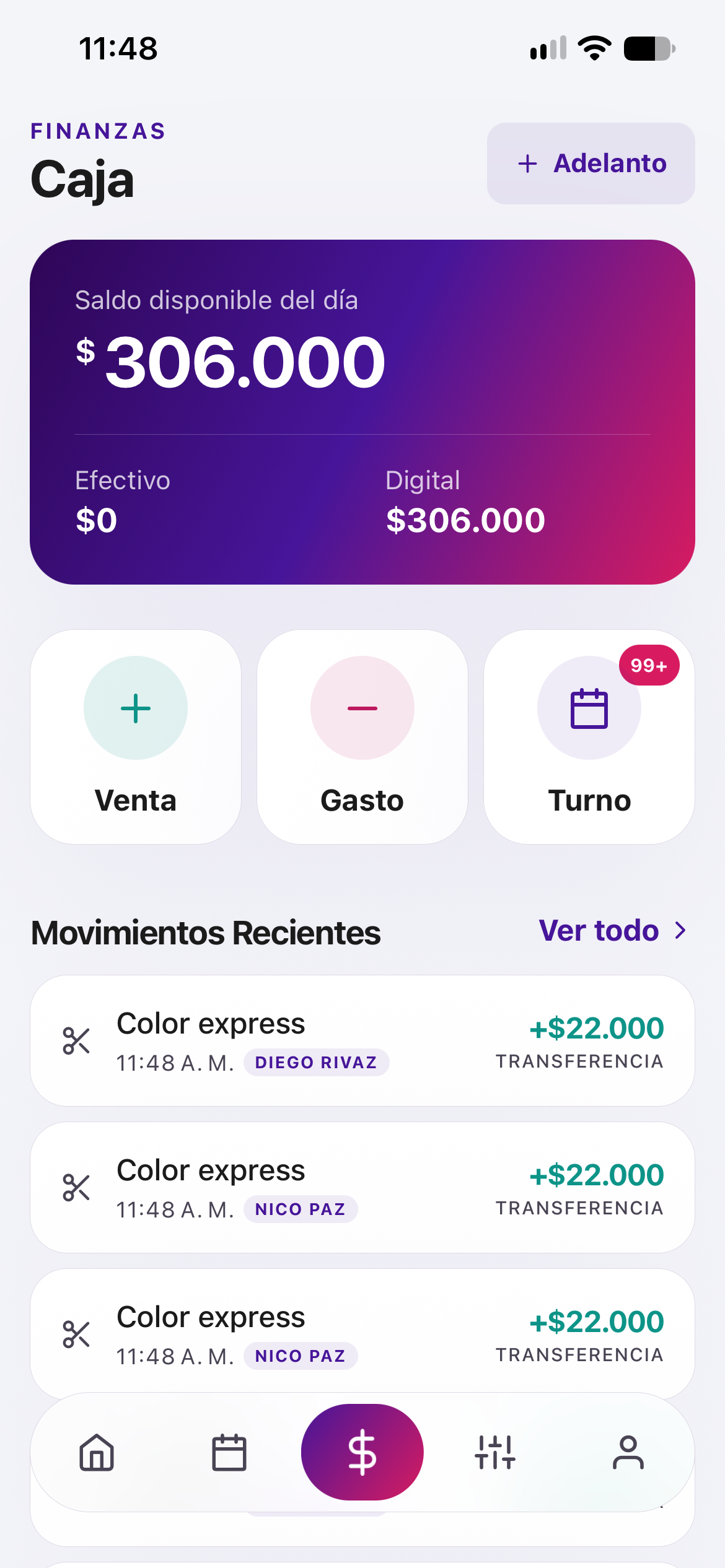 ZTAR mobile cash screen showing the day's balance and recent transactions.