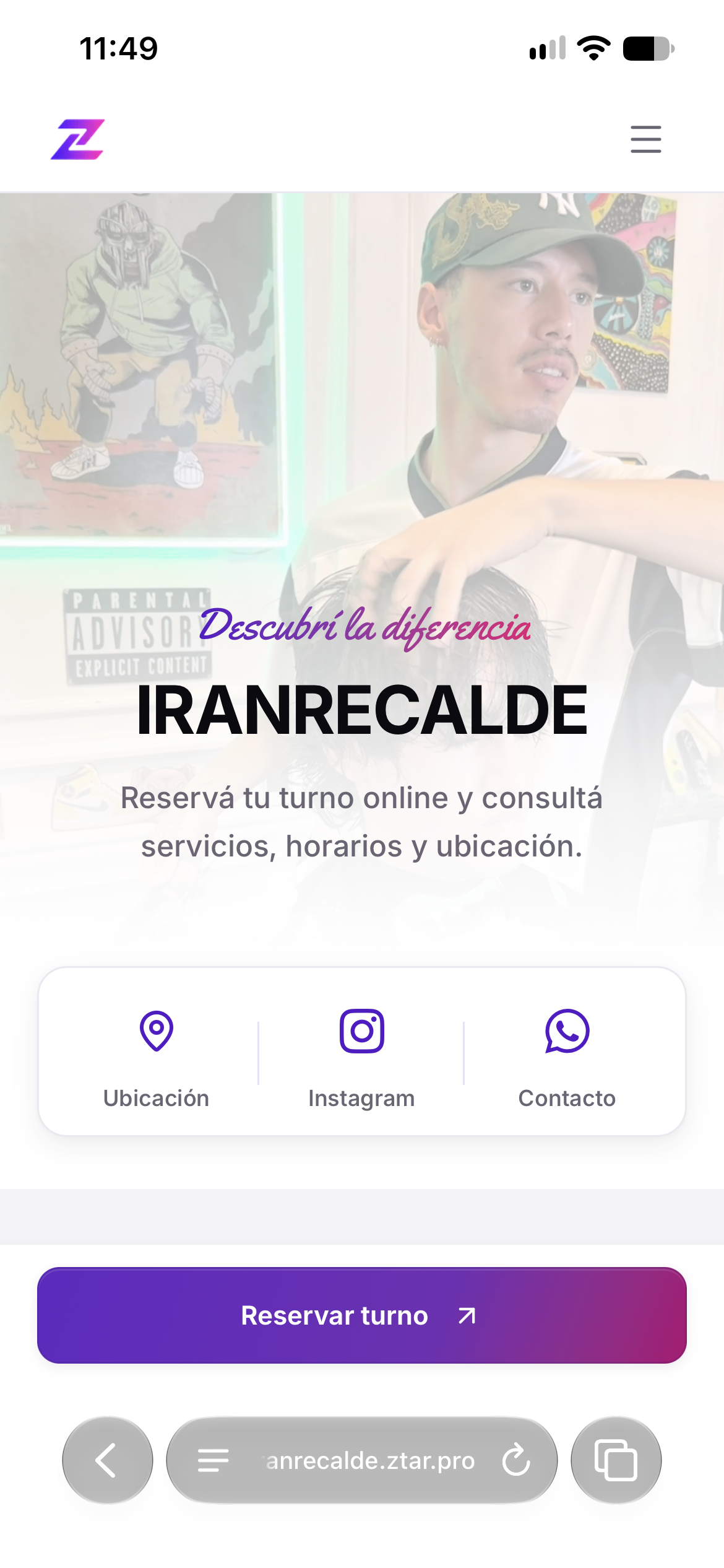 Iran Recalde's public ZTAR site with booking and contact options.